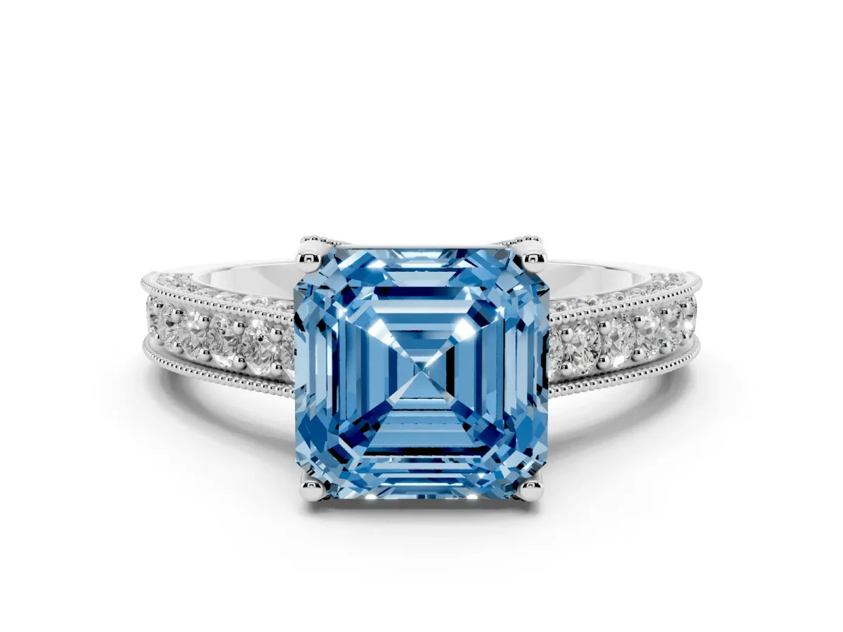 Fancy Blue Asscher Cut Diamond Solitaire Ring Set in White gold with Milgrain-Edged Pavé Band and Prong Setting