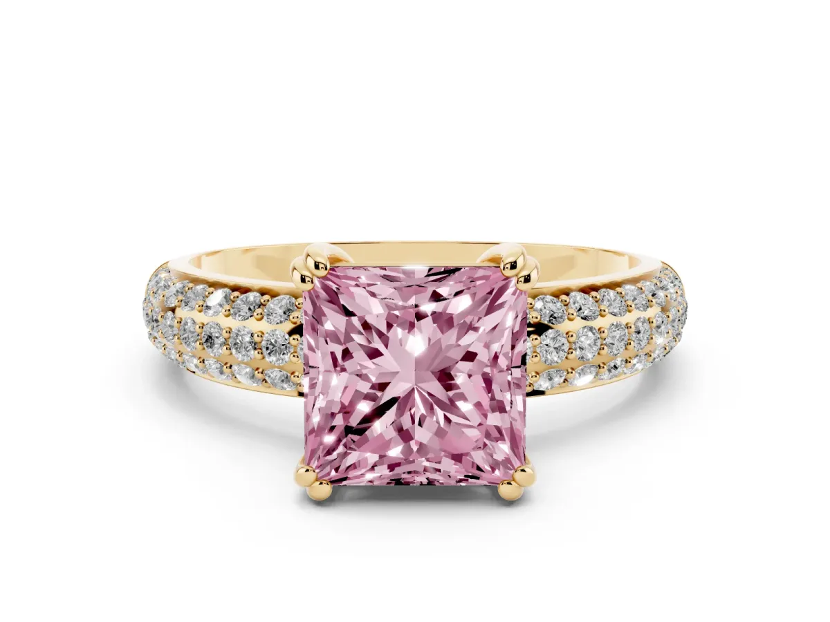 Fancy Pink Princess Cut Diamond Solitaire Ring Set in Yellow gold with Multi-Row Round Pavé Band and Prong Setting