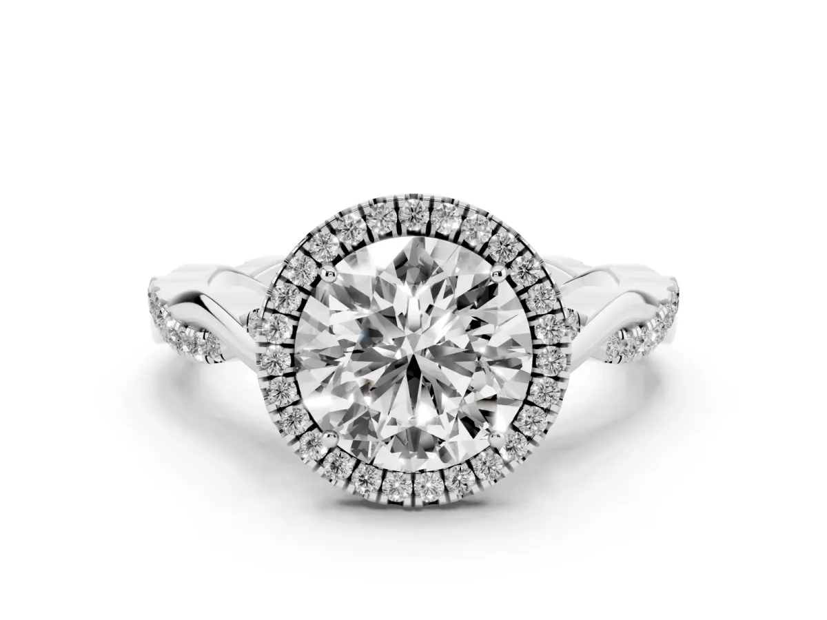 Round Cut Diamond Halo Twist Band Solitaire Ring Set in Platinum with Prong Setting