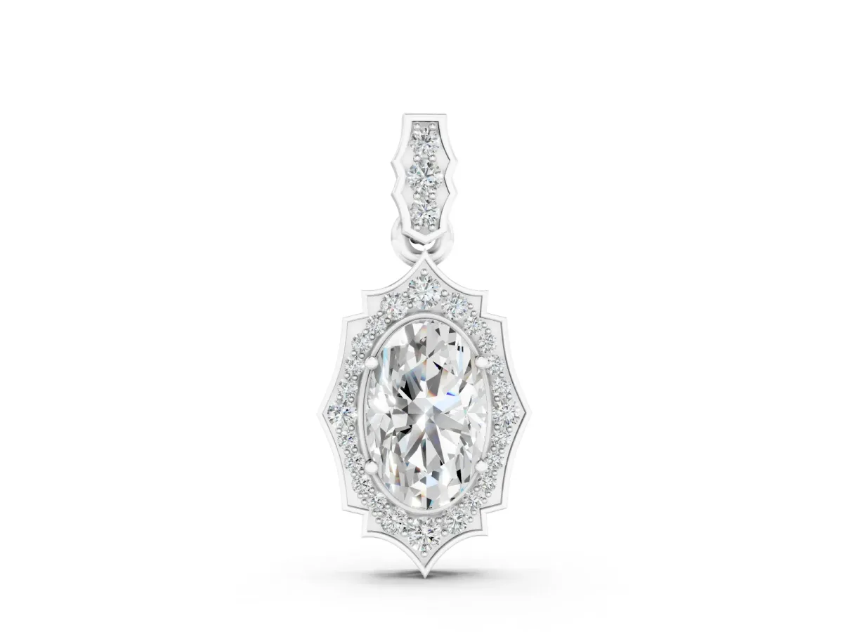 Oval Diamond Halo Pendant Set in White gold with Milgrain Prongs