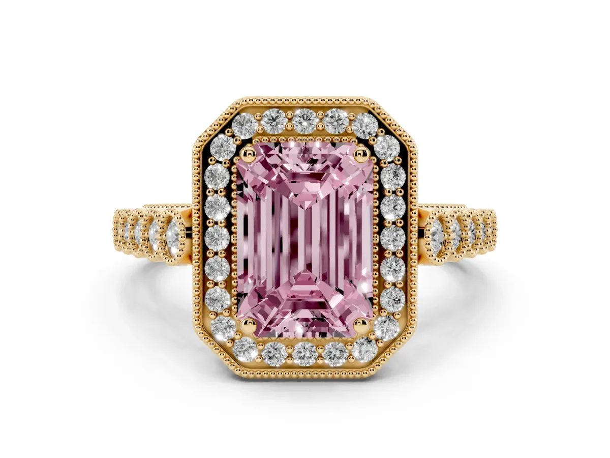 Fancy Pink Emerald Cut Diamond Milgrain Halo Solitaire Ring Set in Yellow gold with Bezel Set Side Stones and Pavé Band