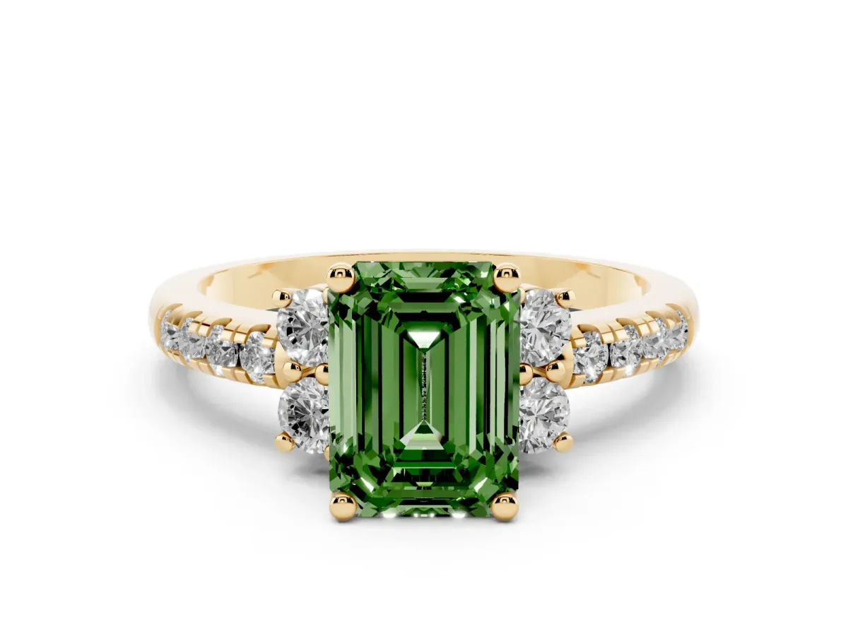 Fancy Green Emerald Cut Diamond Three-Stone Pavé Ring Set in Yellow gold with Prong Setting