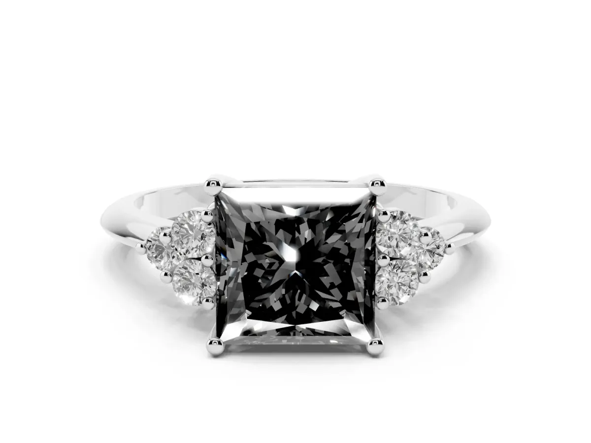 Fancy Black Princess Cut Diamond Cluster Ring Set in White gold with Plain Band and Prong Setting
