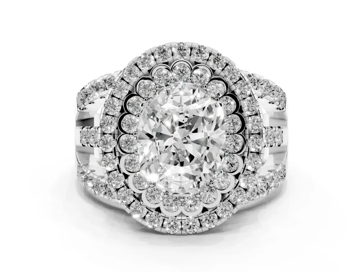 Oval Cut Diamond Double Halo Ring Set in White gold with Round Pavé Split Shank