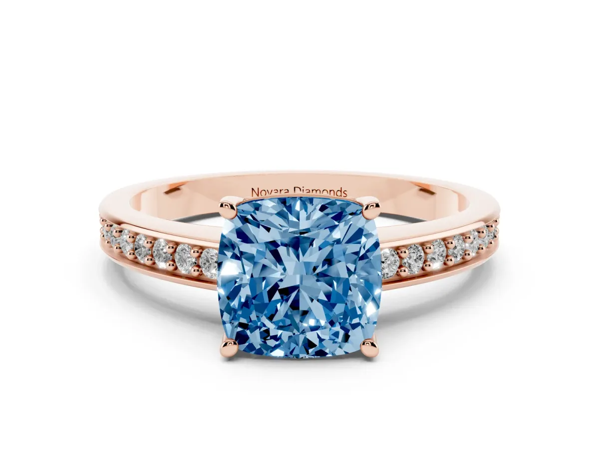 Fancy Blue Cushion Cut Diamond Pavé Band Prong Set Solitaire Ring Set in Rose gold