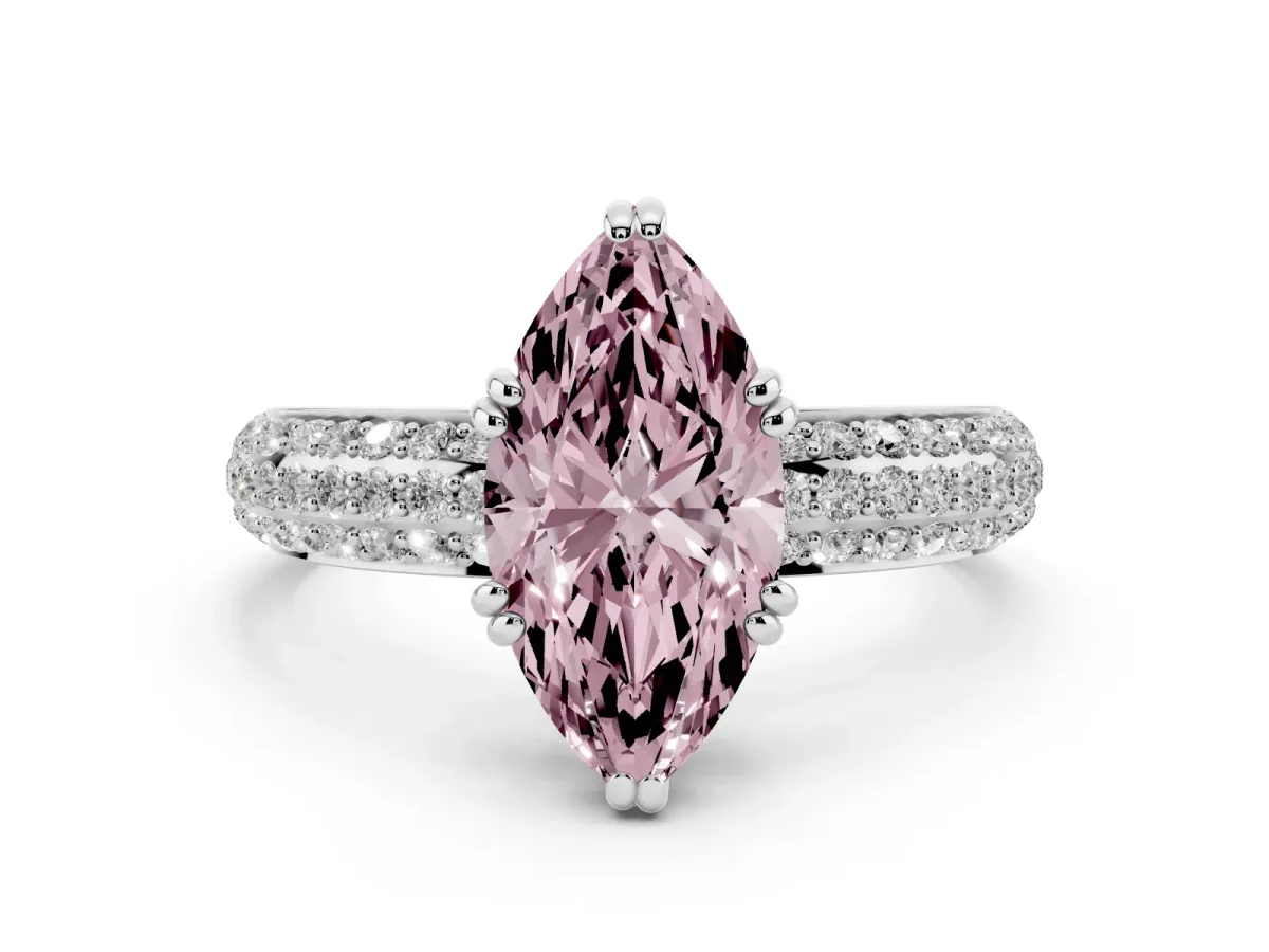 Fancy Pink Marquise Cut Diamond Solitaire Ring Set in White gold with Multi-Row Round Pavé Band and Prong Setting