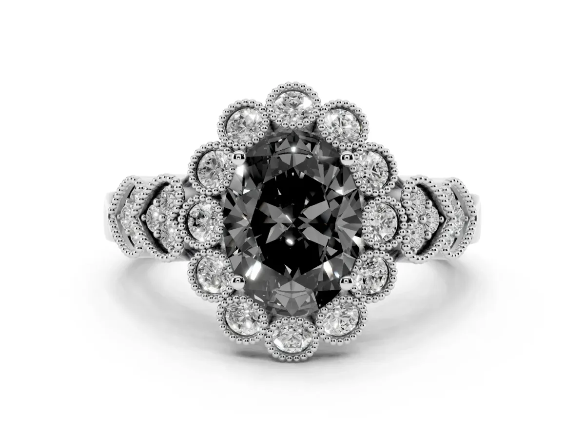 Fancy Black Oval Cut Diamond Solitaire Ring Set in Platinum with Milgrain Pavé Heart Band