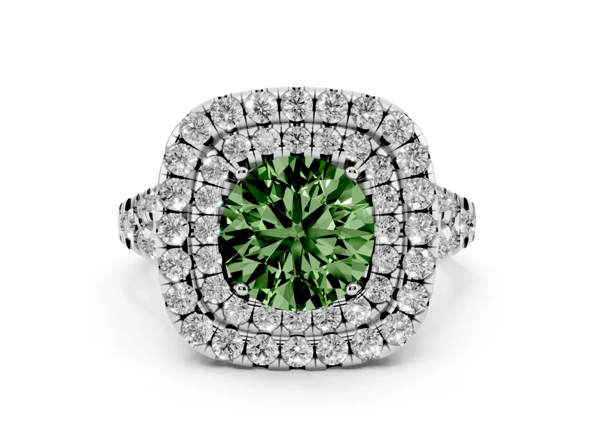 Fancy Green Round Cut Diamond Double Halo Ring Set in Silver with Pavé Split Shank and Prong Setting