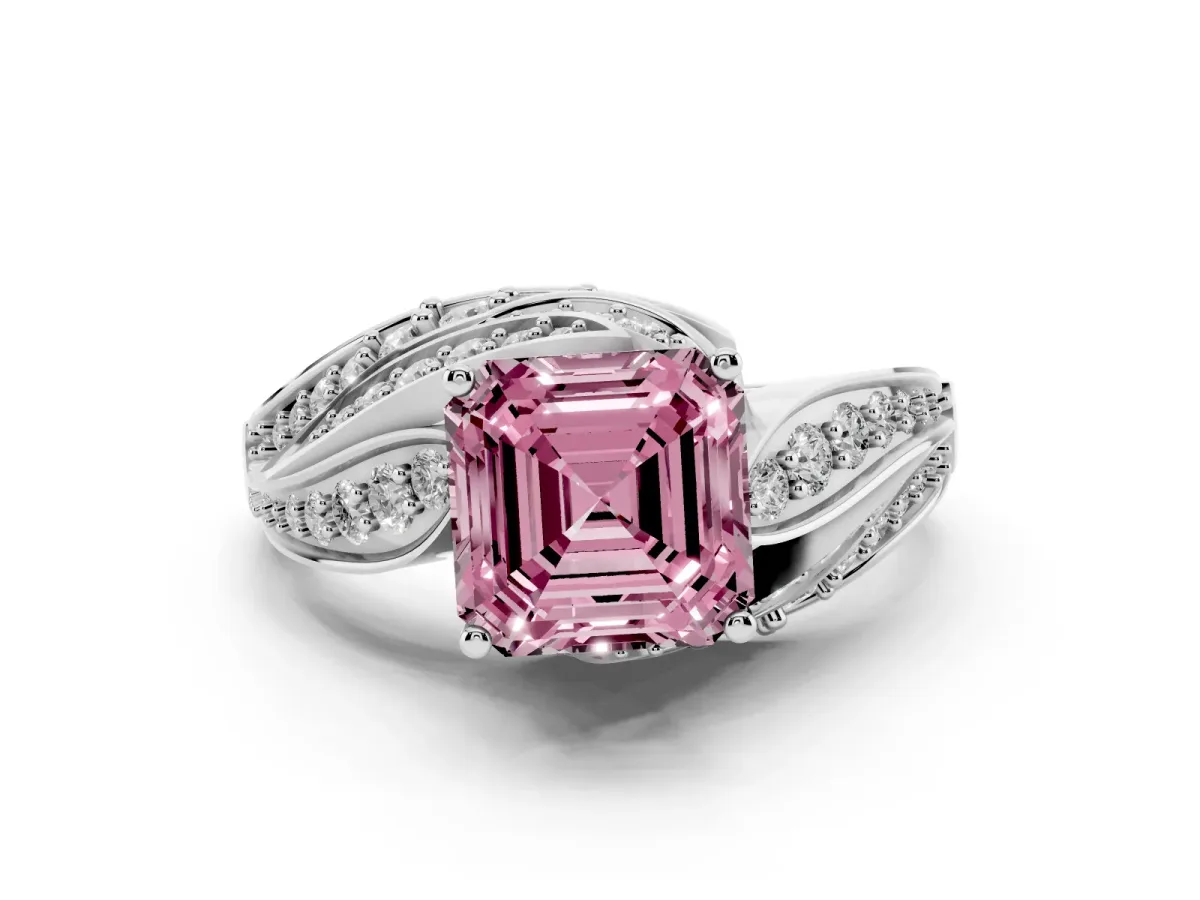 Fancy Pink Asscher Cut Diamond Solitaire Ring Set in White gold with Layered Twist Pavé Band