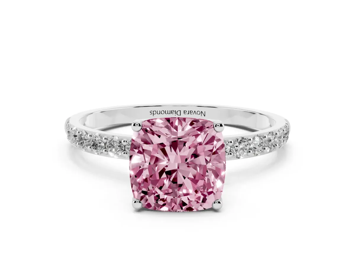 Fancy Pink Cushion Cut Diamond Solitaire Engagement Ring Set in White gold with Round Pavé Band and Prong Setting