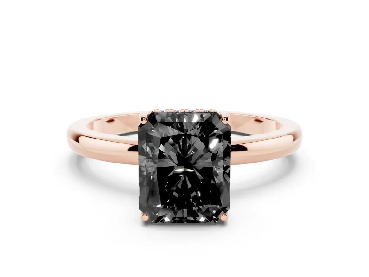 Fancy Black Radiant Cut Diamond Solitaire Ring Set in Rose gold with Plain Band and Prong Setting