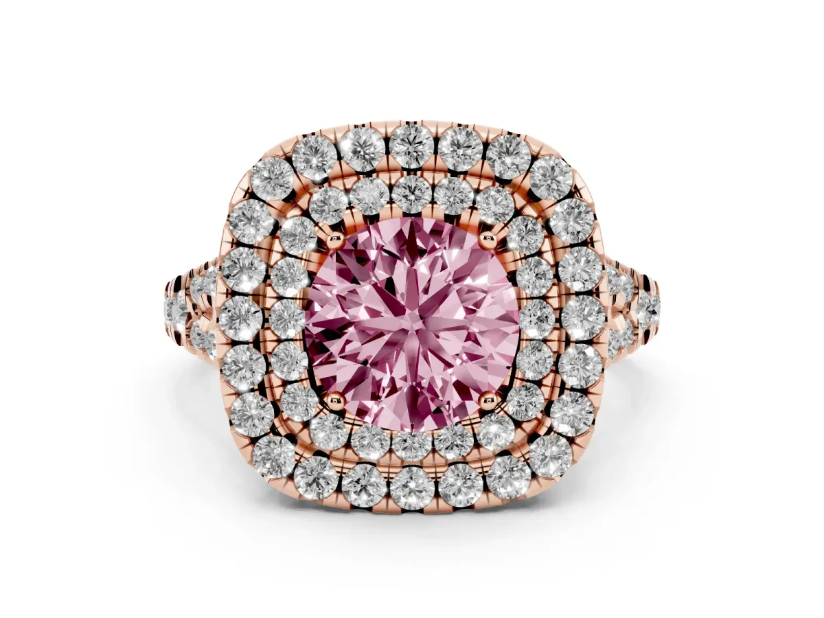 Fancy Pink Round Cut Diamond Double Halo Ring Set in Rose gold with Pavé Split Shank and Prong Setting