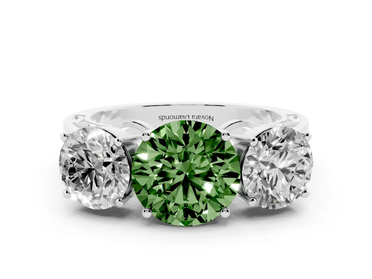 Fancy Green Round Cut Diamond Three-Stone Ring Set in Platinum with Textured Band