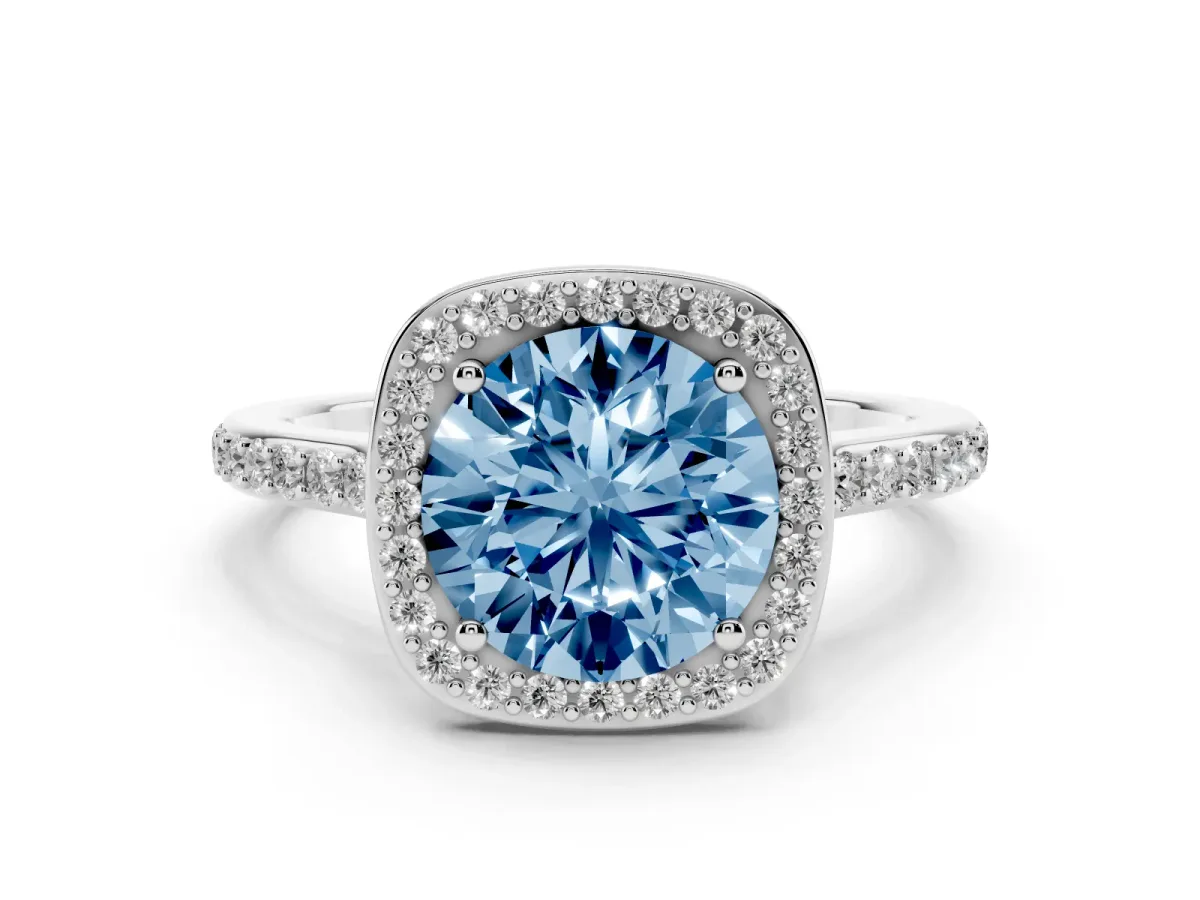 Fancy Blue Round Cut Diamond Halo Engagement Ring Set in Platinum with Round Pavé Shoulders and Heart Gallery