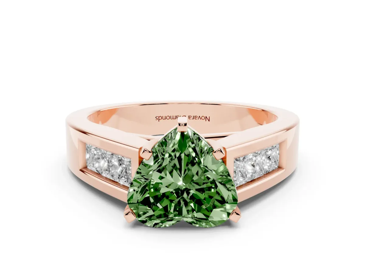 Fancy Green Heart Cut Diamond Solitaire Ring Set in Rose gold with Channel-Set Accent Stones and Prong Setting