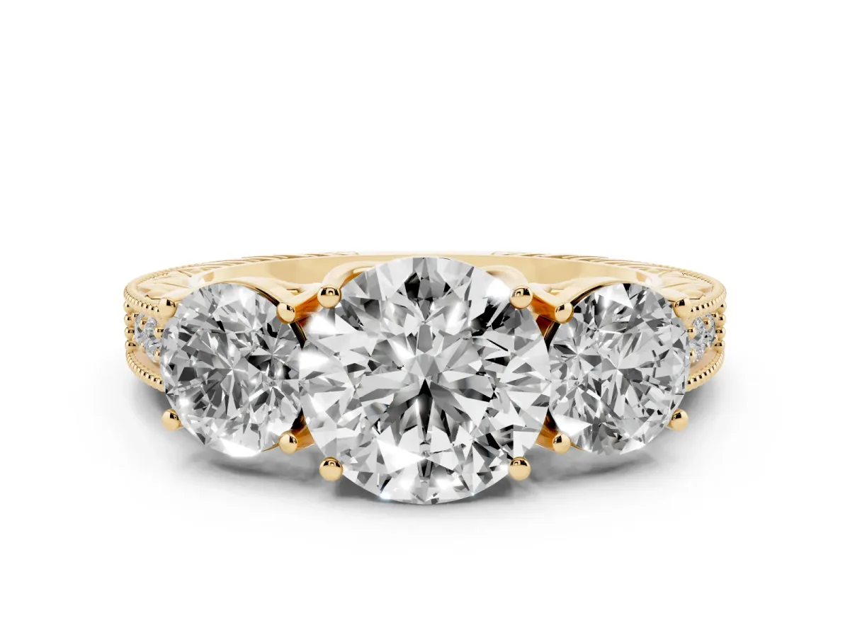Round Cut Diamond Three-Stone Engagement Ring Set in Yellow gold with Milgrain Pavé Band