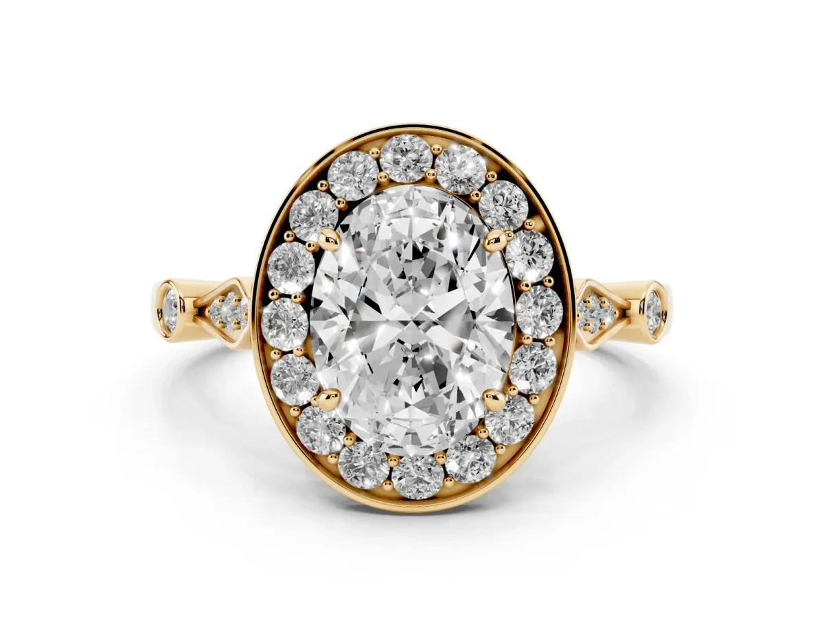 Oval Cut Diamond Halo Engagement Ring Set in Yellow gold with Twisted Band and Prong Setting