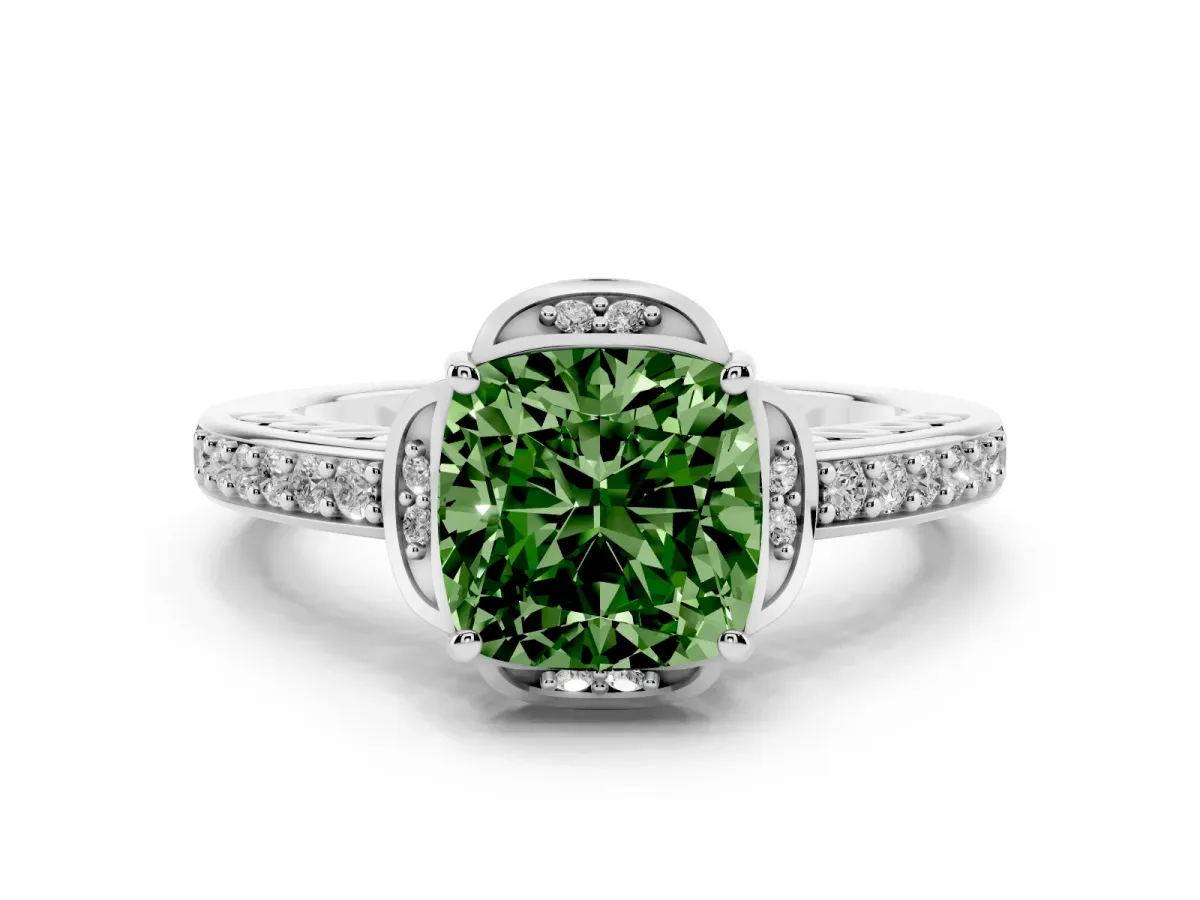 Fancy Green Cushion Cut Diamond Halo Ring Set in Platinum with Channel Set Band and Prong Setting