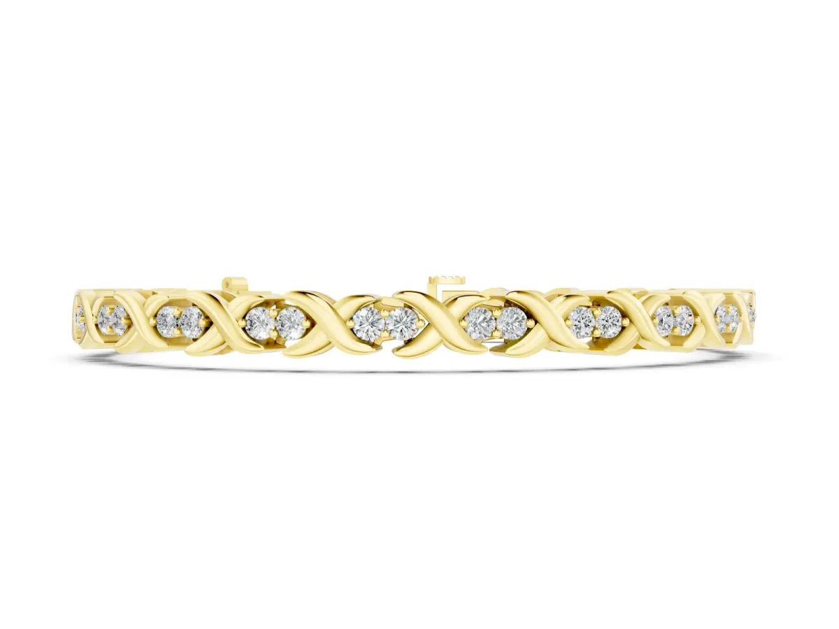 Round Diamond Tennis Bracelet Set in Yellow gold with X-Link Band and Prong Setting