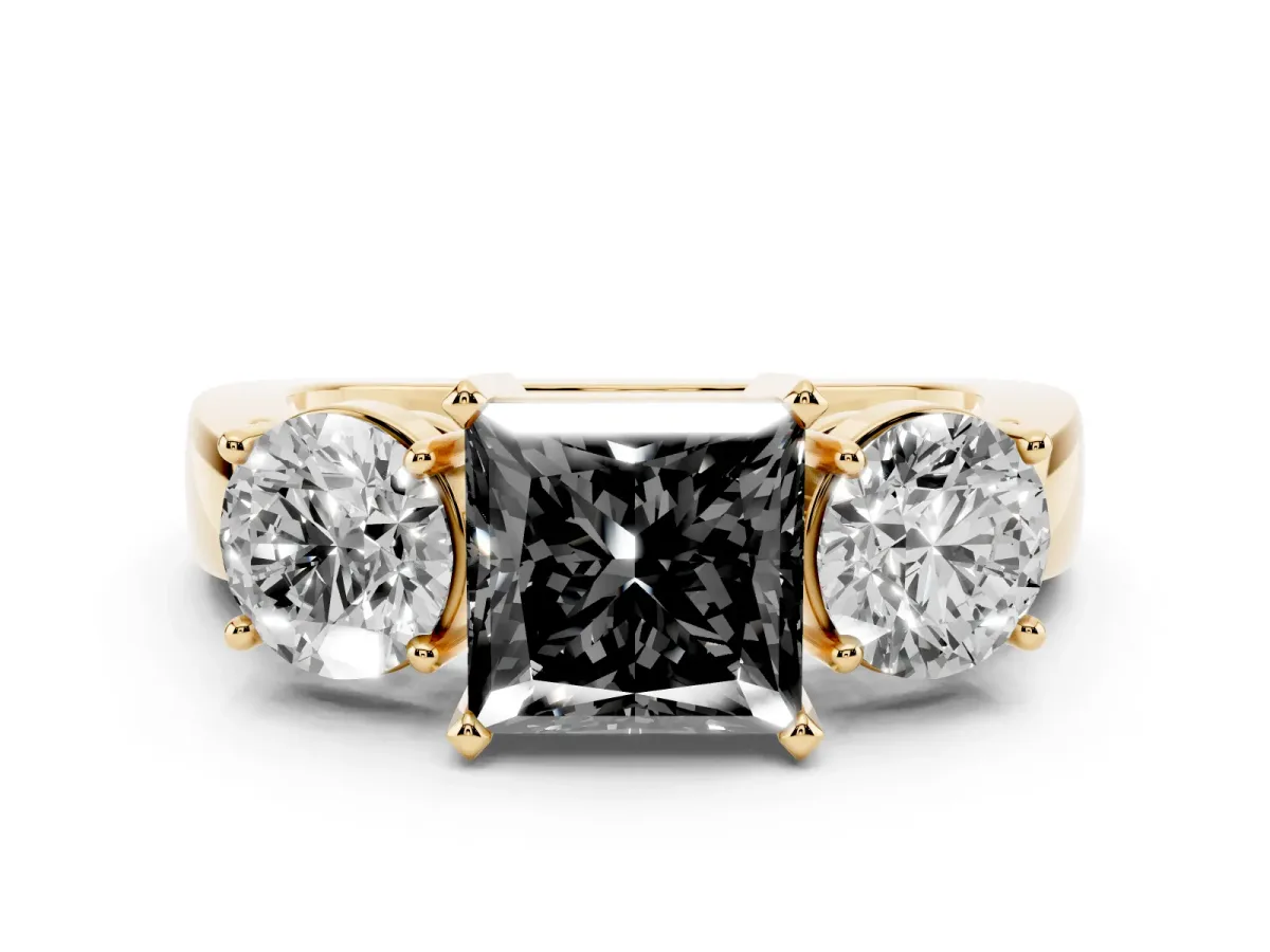 Fancy Black Princess Cut Diamond Three-Stone Ring Set in Yellow gold with Round Side Stones and Classic Band