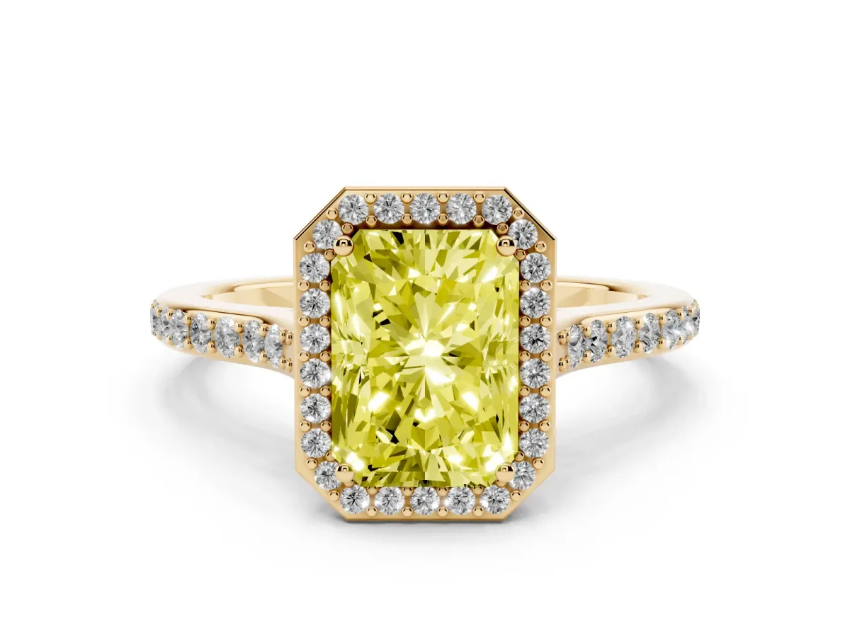 Fancy Yellow Radiant Cut Diamond Halo Engagement Ring Set in Yellow gold with Round Pavé Shoulders and Heart Gallery