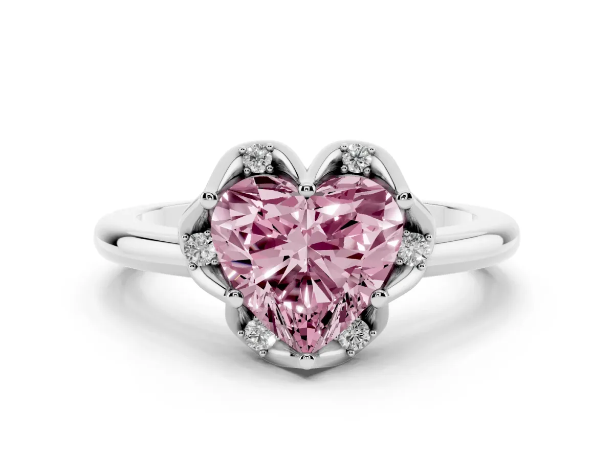 Fancy Pink Heart Cut Diamond Round Cluster Halo Ring Set in Silver with Solitaire Band and Prong Setting