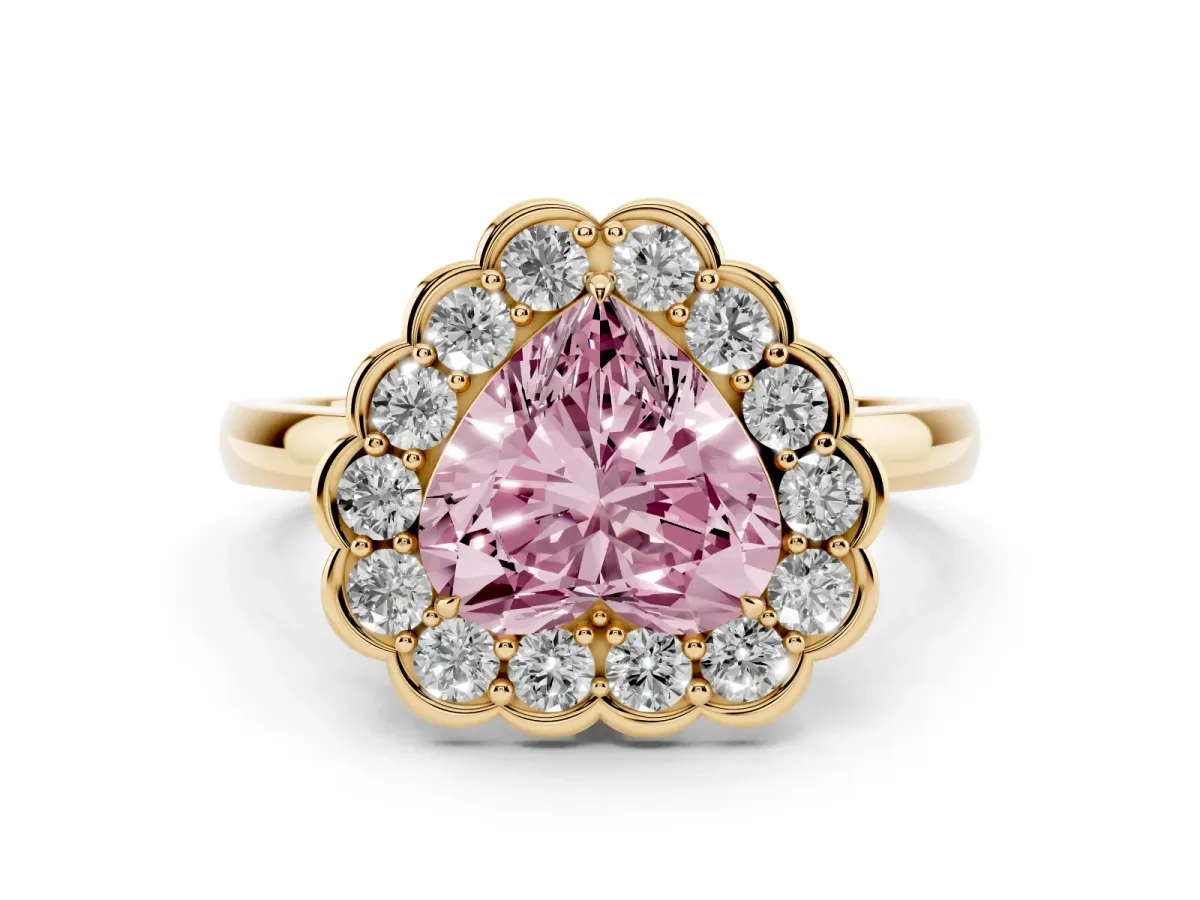 Fancy Pink Heart Cut Diamond Halo Cluster Engagement Ring Set in Yellow gold with Solitaire Band and Prong Setting