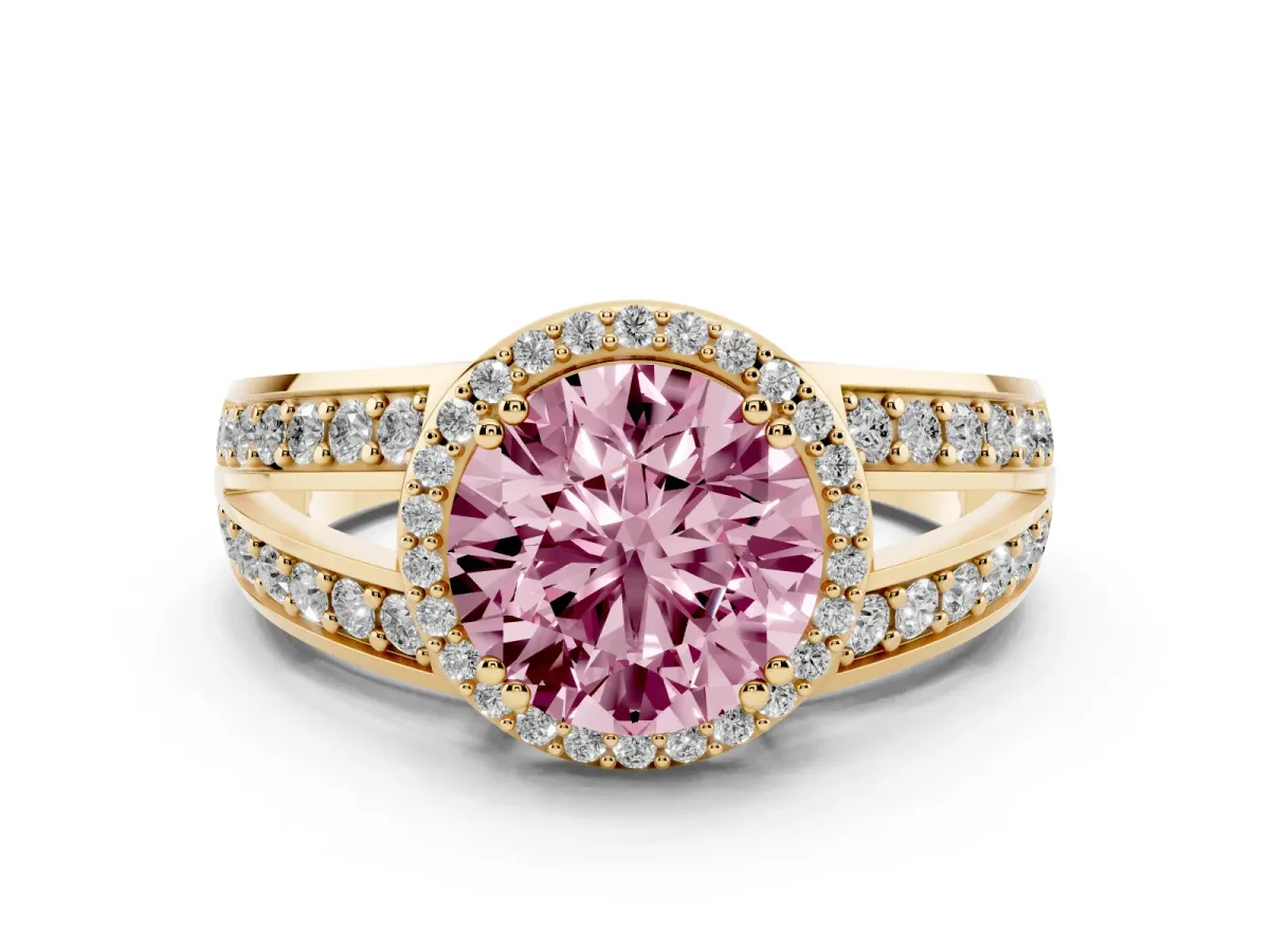 Fancy Pink Round Cut Diamond Halo Ring Set in Yellow gold with Double Pavé Split Shank