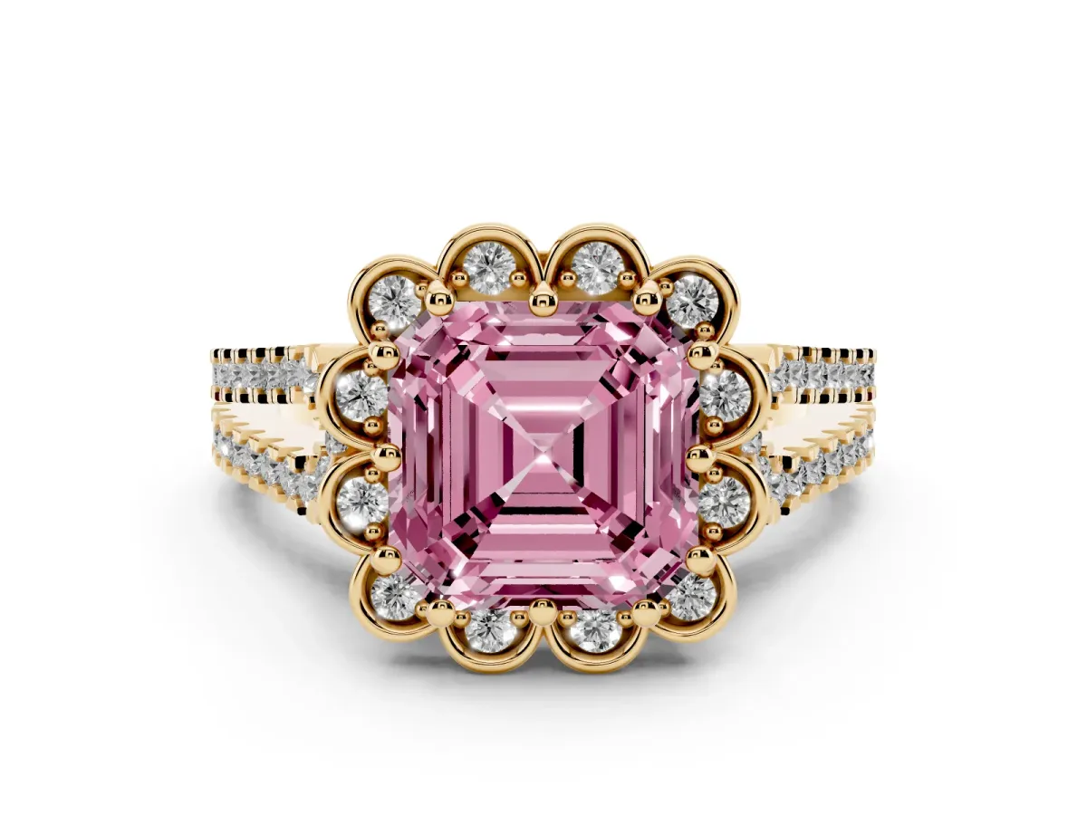 Fancy Pink Asscher Cut Diamond Floral Halo Split Shank Engagement Ring Set in Yellow gold with Pavé Shank