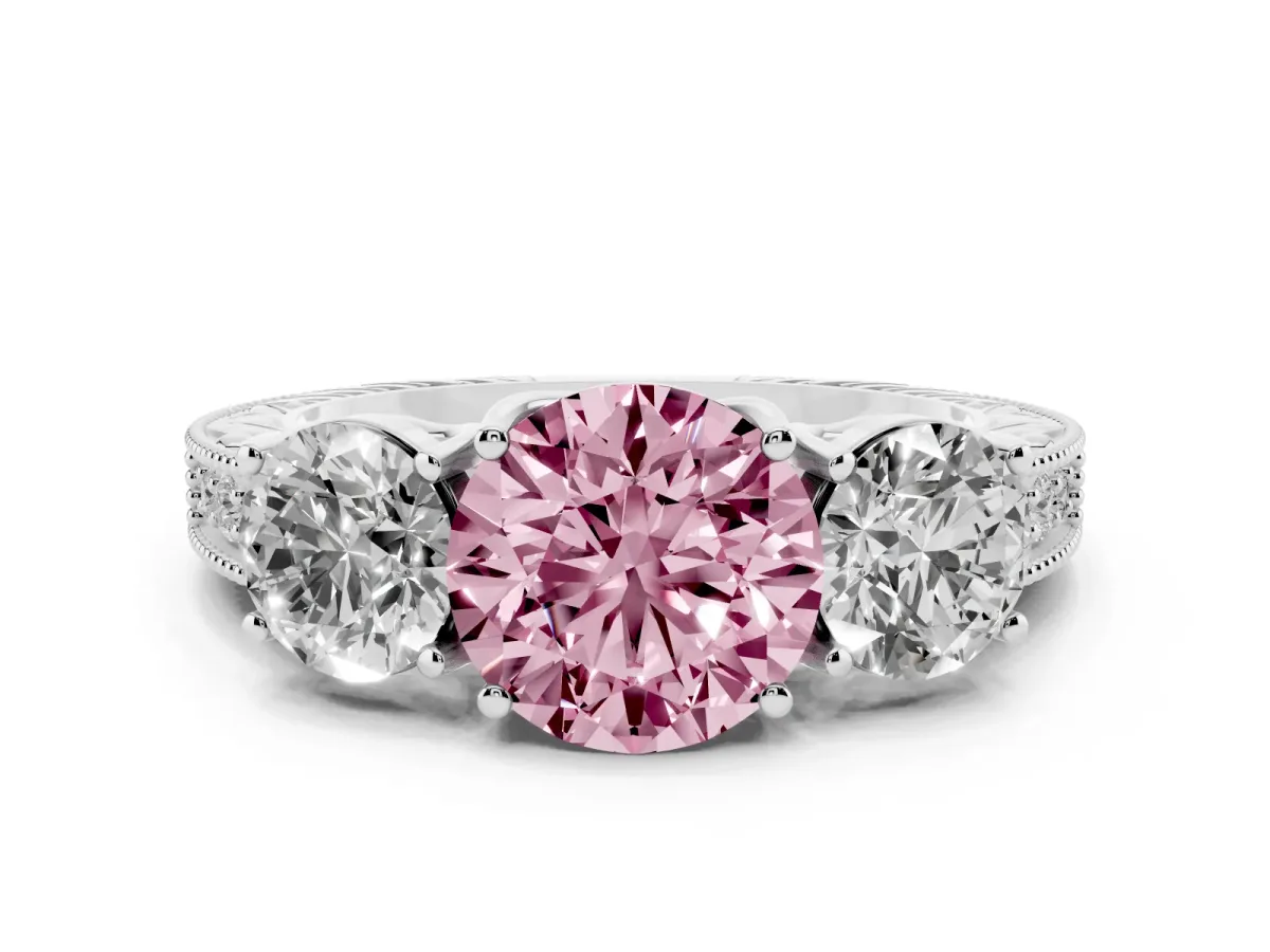 Fancy Pink Round Cut Diamond Three-Stone Engagement Ring Set in White gold with Milgrain Pavé Band