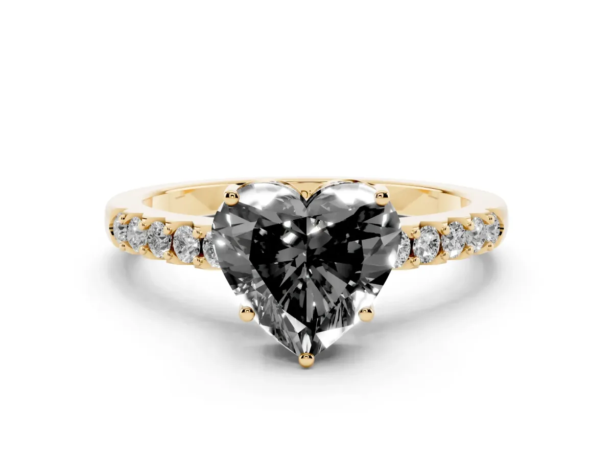 Fancy Black Heart Cut Diamond Solitaire Engagement Ring Set in Yellow gold with Pavé Band and Prong Setting
