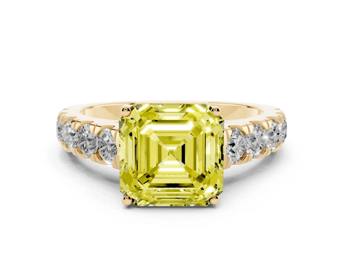 Fancy Yellow Asscher Cut Diamond Solitaire Ring Set in Yellow gold with Cut-Down Micro Pavé Band and Prong Setting