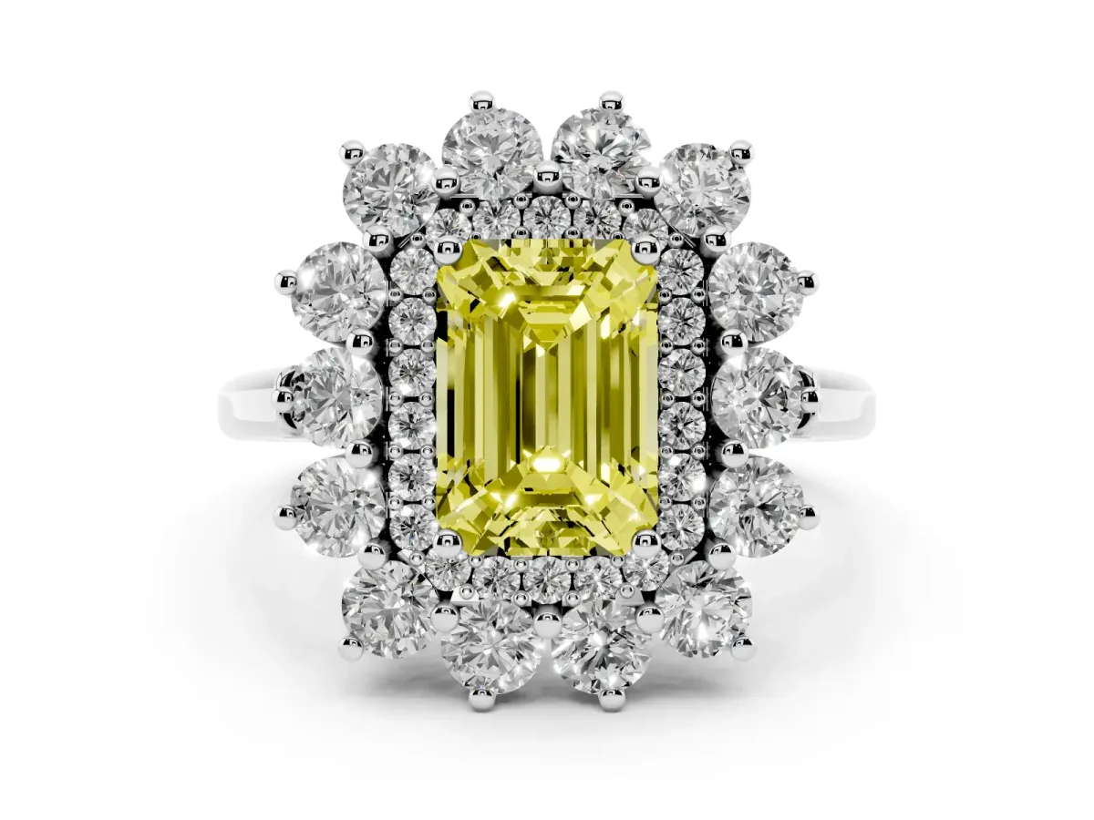 Fancy Yellow Emerald Cut Diamond Floral Double Halo Ring Set in Platinum with Round Petals