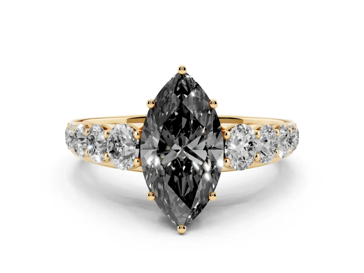 Fancy Black Marquise Cut Diamond Solitaire Ring Set in Yellow gold with Pavé-Set Band and Prong Setting