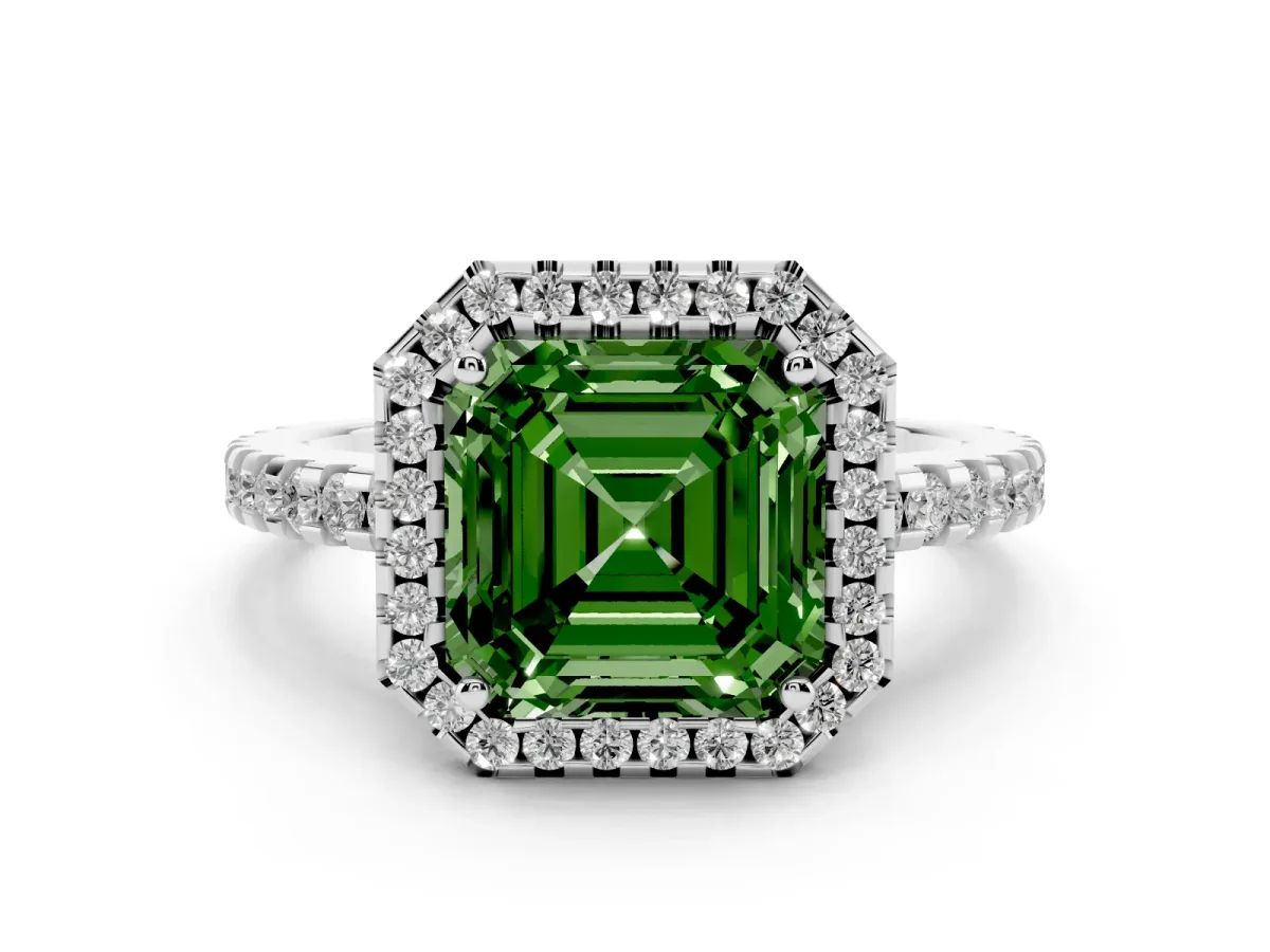 Fancy Green Asscher Cut Diamond Halo Ring Set in Platinum with Pavé Shoulders and Halo-Framed Center