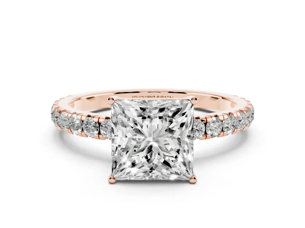 Princess Cut Diamond Pavé Solitaire Engagement Ring Set in Rose gold with Prong Setting