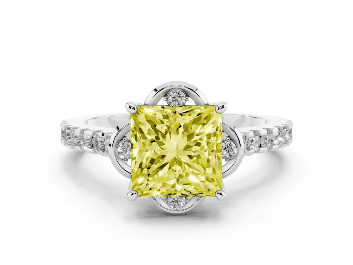 Fancy Yellow Princess Cut Diamond Solitaire Ring Set in Platinum with Pavé Band and Floral Prong Setting