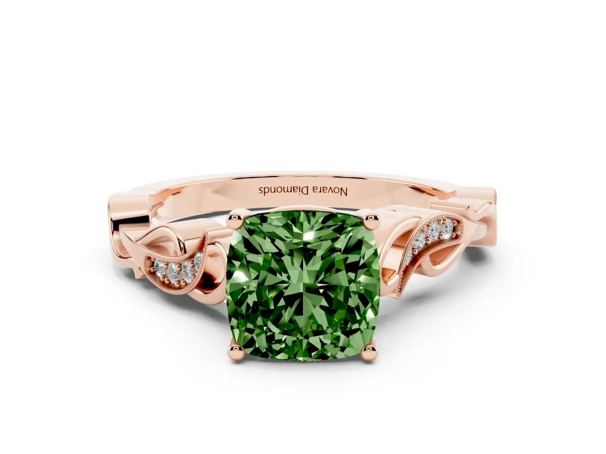 Fancy Green Cushion Cut Diamond Vine Band Solitaire Ring Set in Rose gold with Milgrain Prong Setting