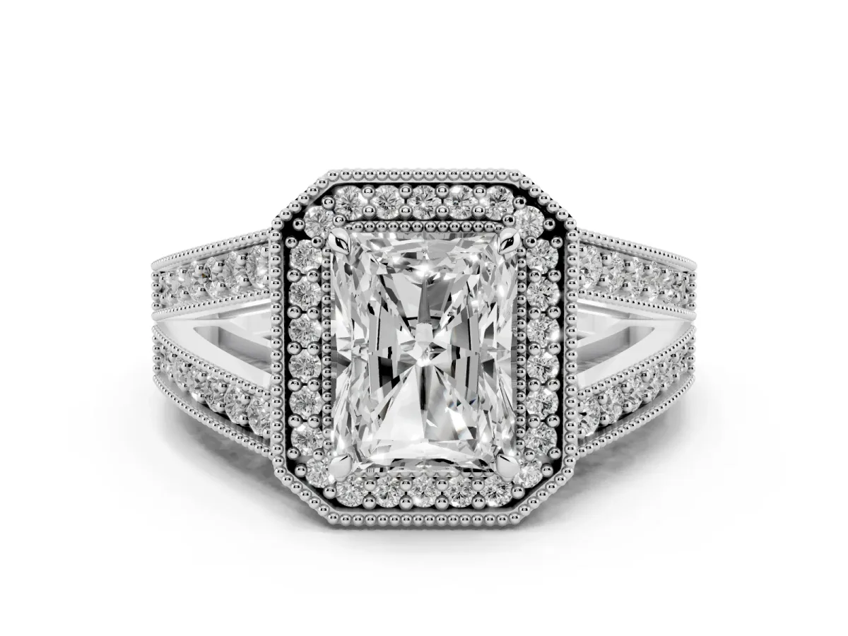 Radiant Cut Diamond Halo Ring Set in Silver with Stone-Set Split Shank and Milgrain Edges