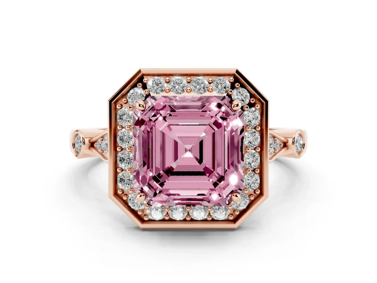 Fancy Pink Asscher Cut Diamond Halo Engagement Ring Set in Rose gold with Twisted Band and Prong Setting