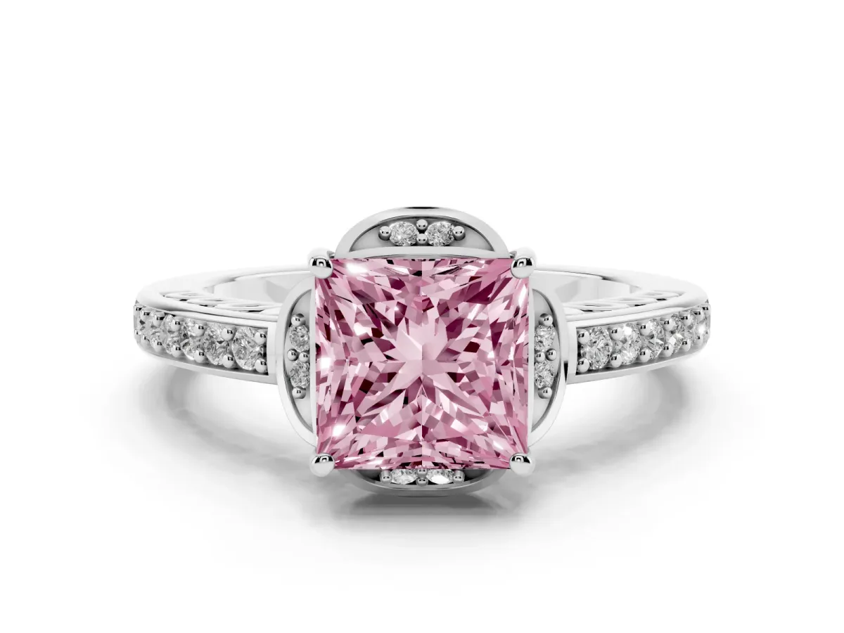 Fancy Pink Princess Cut Diamond Halo Ring Set in Silver with Channel Set Band and Prong Setting