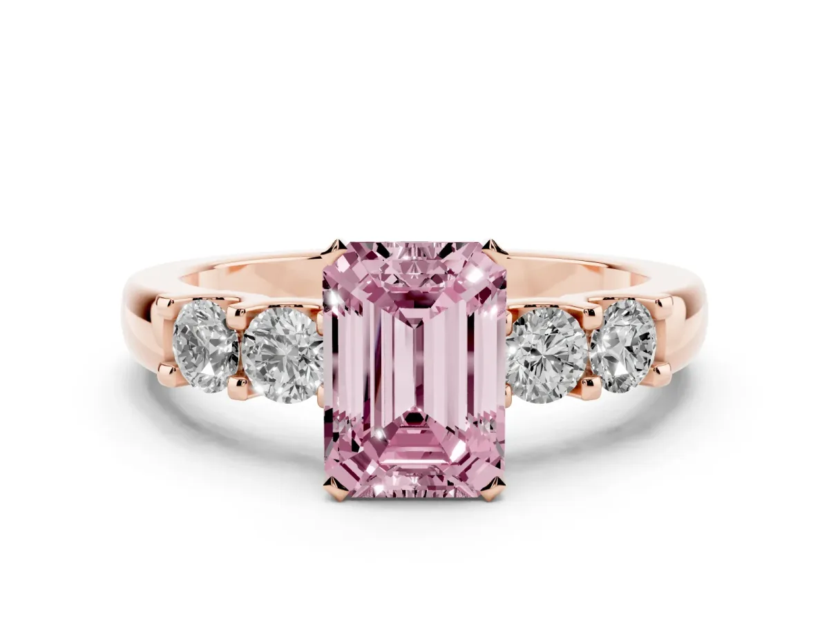 Fancy Pink Emerald Cut Diamond Five-Stone Prong Set Engagement Ring Set in Rose gold with Channel Band