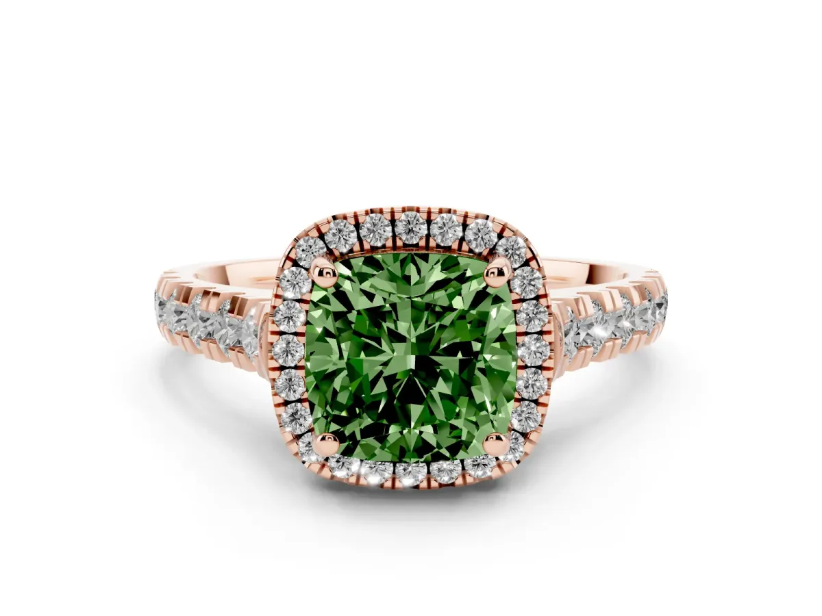 Fancy Green Cushion Cut Diamond Halo Engagement Ring Set in Rose gold with Pavé Band and Prong-Set Center