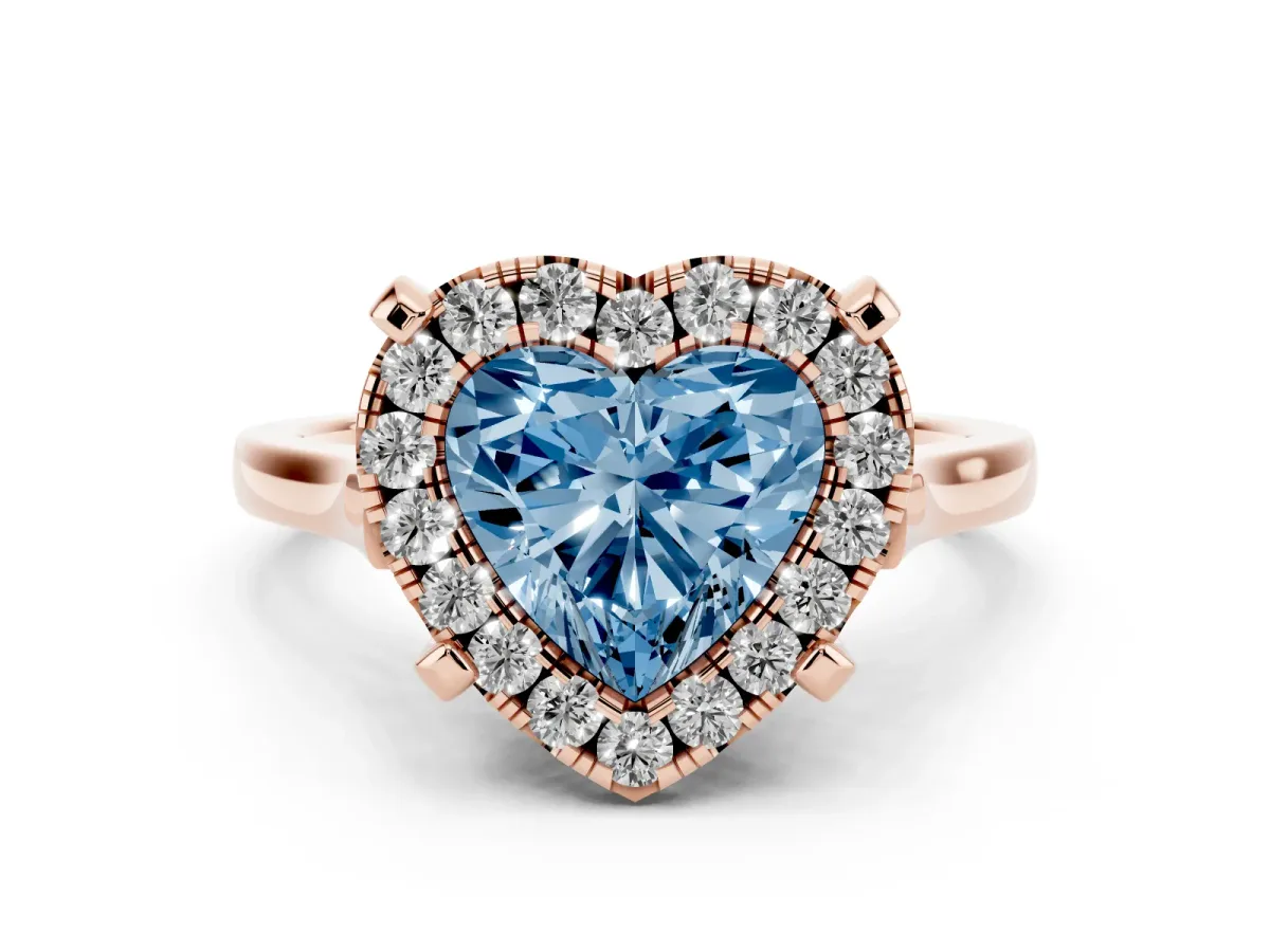 Fancy Blue Heart Cut Diamond Cluster Halo Solitaire Ring Set in Rose gold with Prong Setting