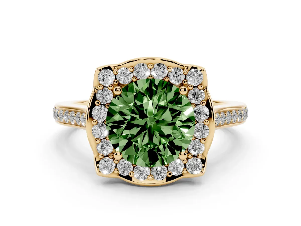 Fancy Green Round Cut Diamond Halo Ring Set in Yellow gold with Pavé-Lined Shoulders and Prong Setting