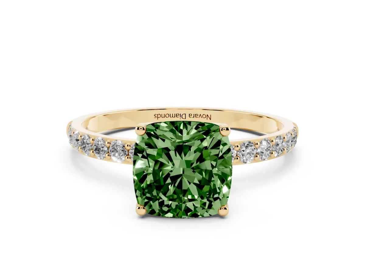 Fancy Green Cushion Cut Diamond Solitaire Engagement Ring Set in Yellow gold with Round Pavé Band and Prong Setting