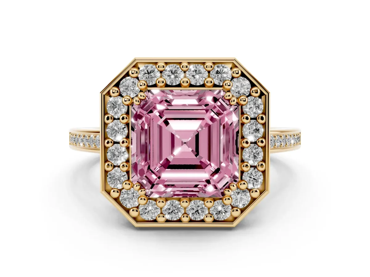 Fancy Pink Asscher Cut Diamond Halo Ring Set in Yellow gold with Accent-Lined Split Shank and Prong Setting