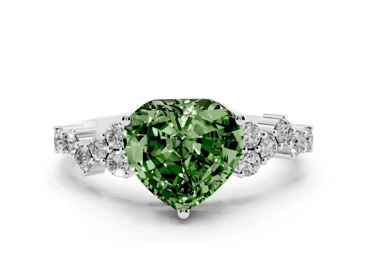 Fancy Green Heart Cut Diamond Ring Set in Platinum with Scattered Round Accents