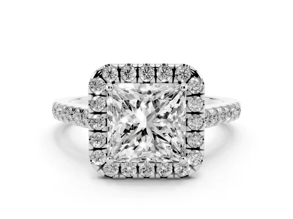 Princess Cut Diamond Pavé Halo Engagement Ring Set in Platinum with Pavé Band and Prong Setting