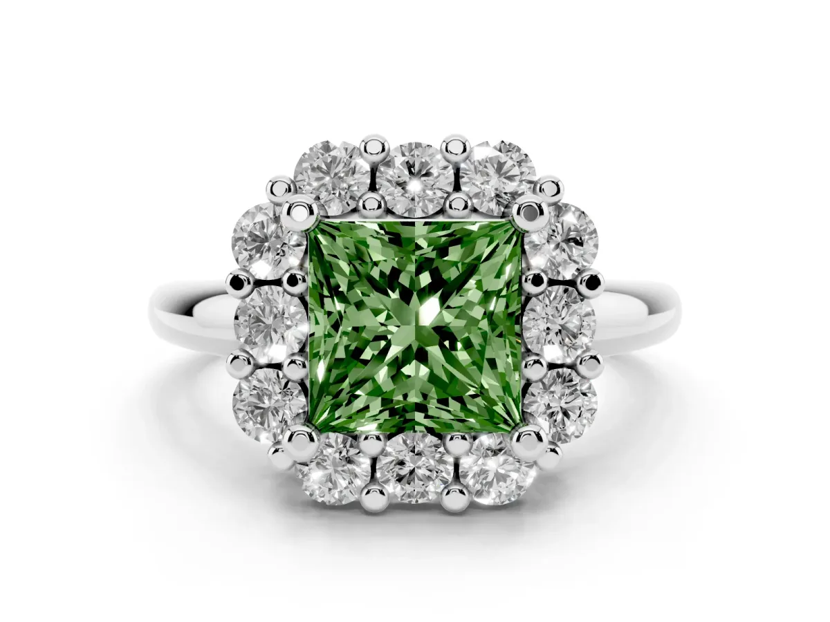 Fancy Green Princess Cut Diamond Halo Cluster Engagement Ring Set in White gold with Polished Band and Prong Setting